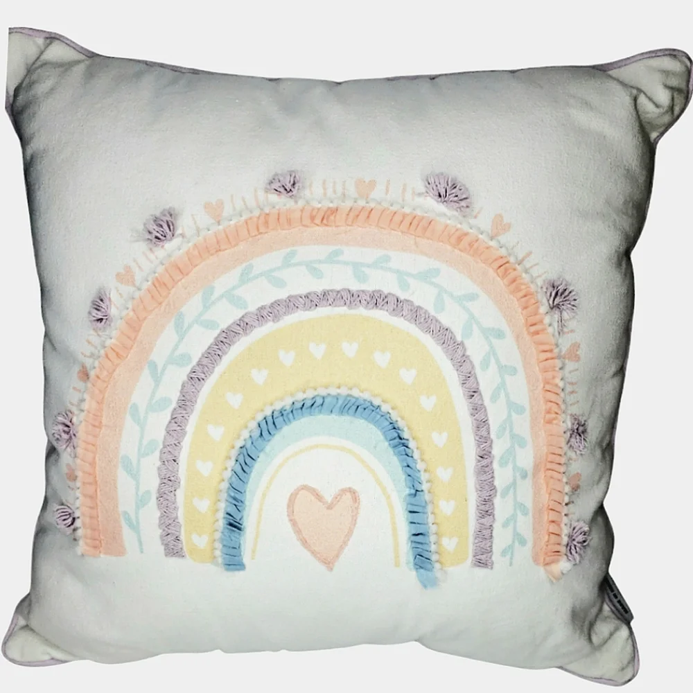 Boho Cottagecore Fairy Pastel Pillow Mixed Media Embroidered Rainbow Hearts Farm
